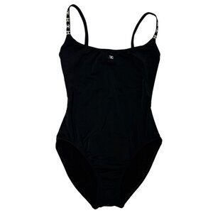 CHANEL Vintage 97P CC Mark Logo Swimwear Swimsuit #38 Black White Nylon [106325]